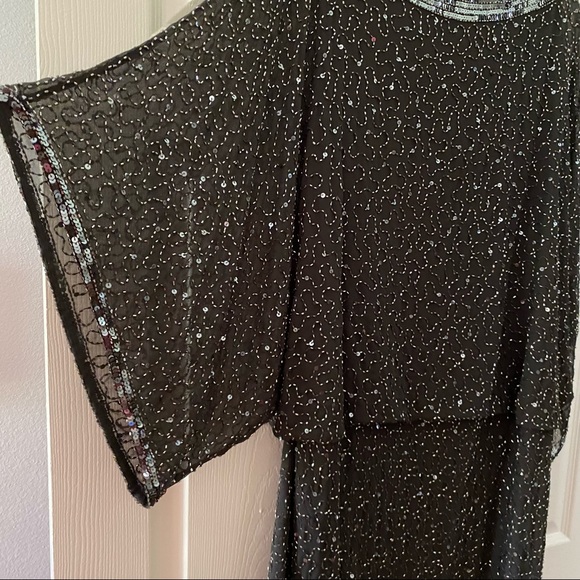 Jkara Cocktail Dress Dropped Waist Dolman sleeves Slate w/sequins Size 16 - Picture 9 of 11